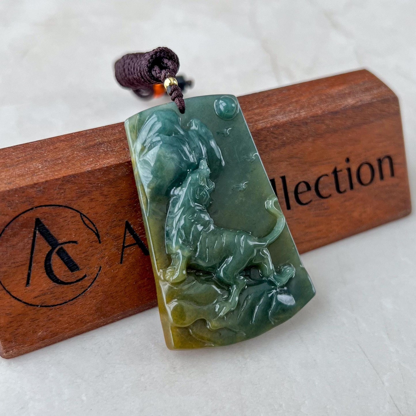 Summit Spirit Jade Tiger Ascent Pendant, Jadeite Jade Tiger, Blue Green Jade, Chinese Zodiac Carved Pendant, XZ-1022-0005531