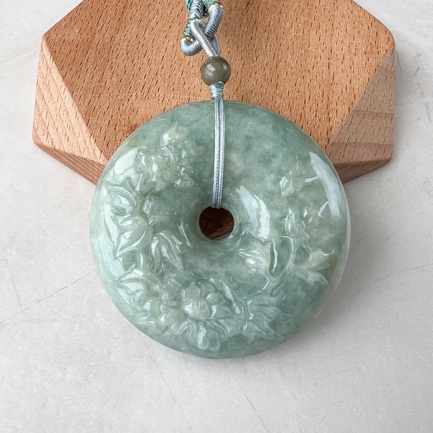 Green Jadeite Jade Flower Large Circle Donut Carved Necklace, YJ-1222-0092388