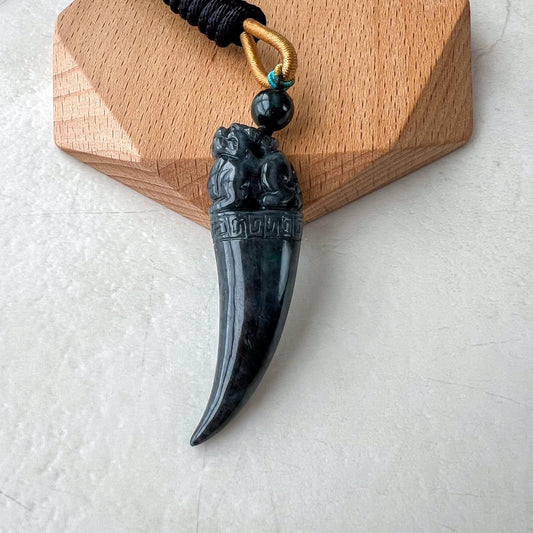 Black Jade Dragon Tooth with Pi Xiu, Black Jadeite Jade Hand Carved Pendant, Pixiu, 貔貅, WMC-0323-0001228