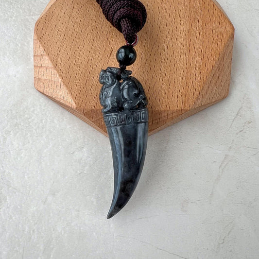 Black Jade Dragon Tooth with Pi Xiu, Black Jadeite Jade Hand Carved Pendant, Pixiu, 貔貅, WMC-0323-0001227