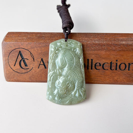 Tiger Descending the Mountain Jadeite Jade Tiger Chinese Zodiac Carved Pendant Necklace, YJ-0622-0440428