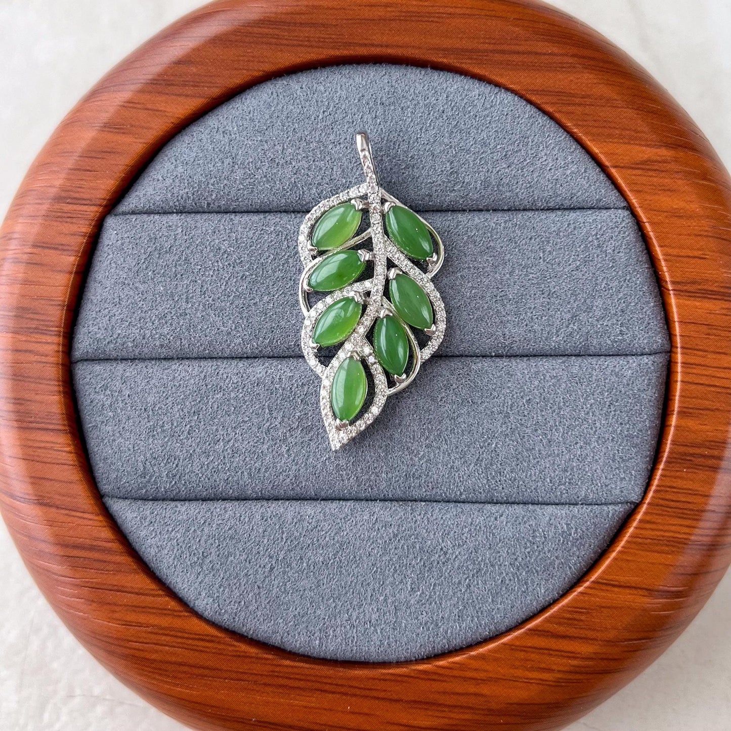 Verdant Jade Leaf Pendant, Green Nephrite Jade Sterling Silver Pendant Necklace, JSY-1224-10319