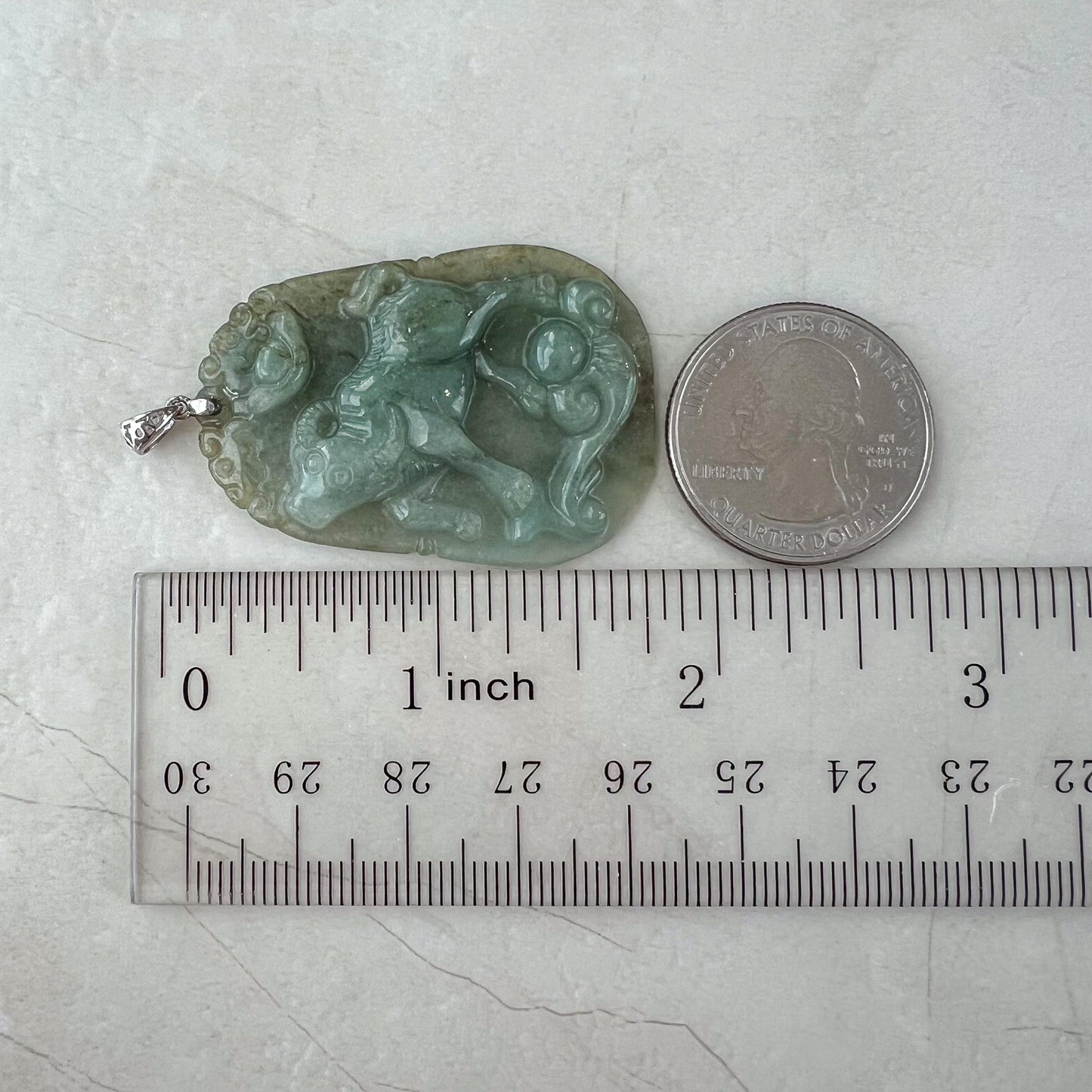 Fortune Luck Ox Jade Pendant with Sterling Silver Bail, Jadeite Jade Ox Bull Cow Chinese Zodiac Carved Necklace, NVN-0424-1749440017