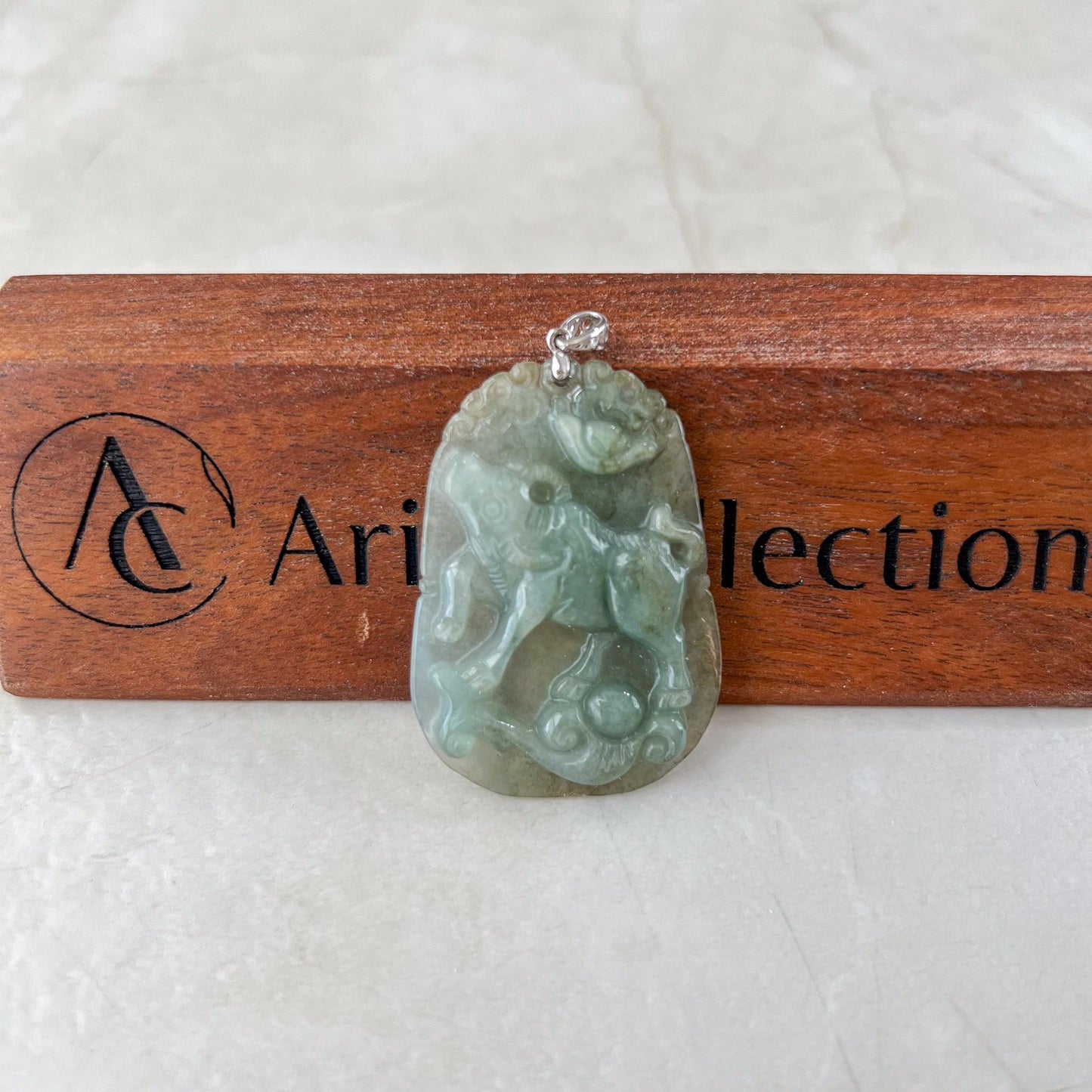 Fortune Luck Ox Jade Pendant with Sterling Silver Bail, Jadeite Jade Ox Bull Cow Chinese Zodiac Carved Necklace, NVN-0424-1749440017
