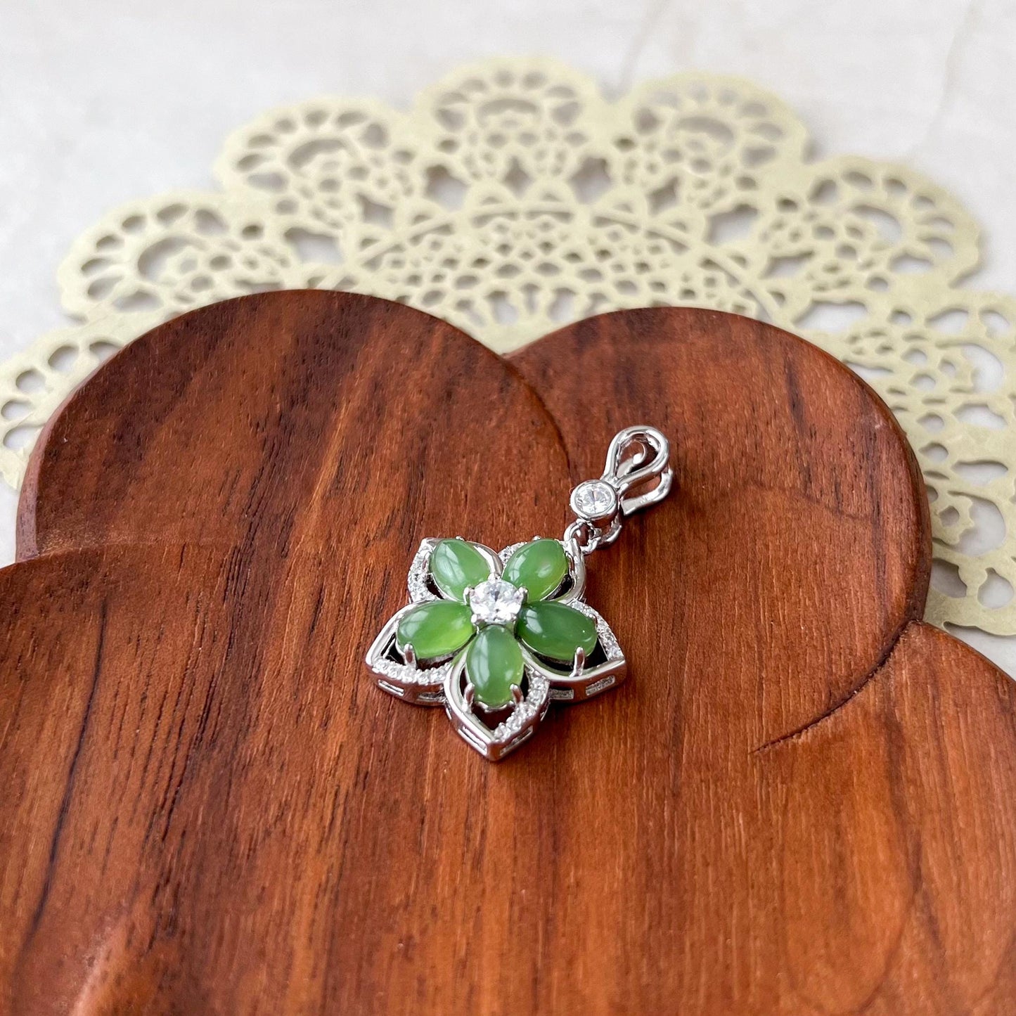 Green Flower Jade Pendant, Nephrite Jade Sterling Silver Pendant Necklace, JSY-1224-10299