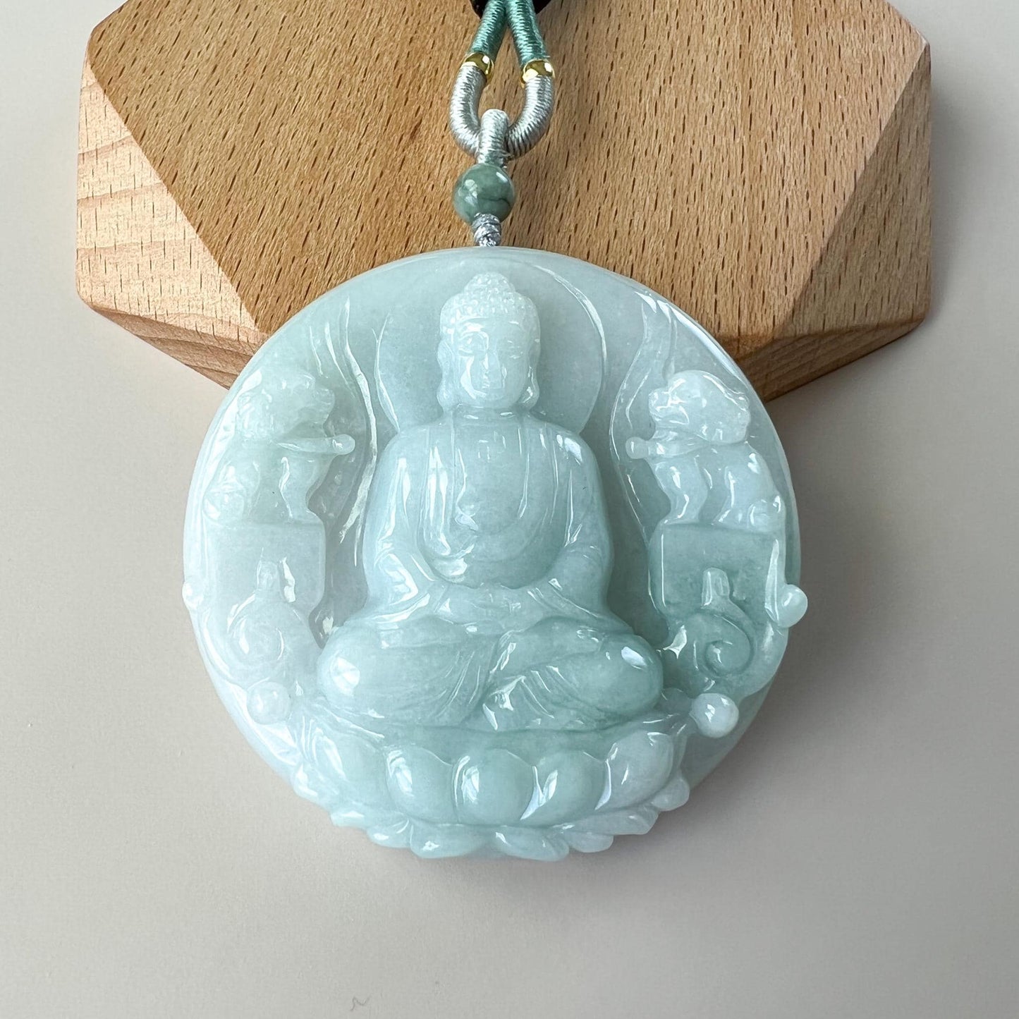Large Vairocana Buddha with Guardian Lions Jade, Da Ri Ru Lai, Đại Nhật Như Lai, 大日如来, Hand Carved Jadeite Jade Pendant, YGR-1123-1749936757