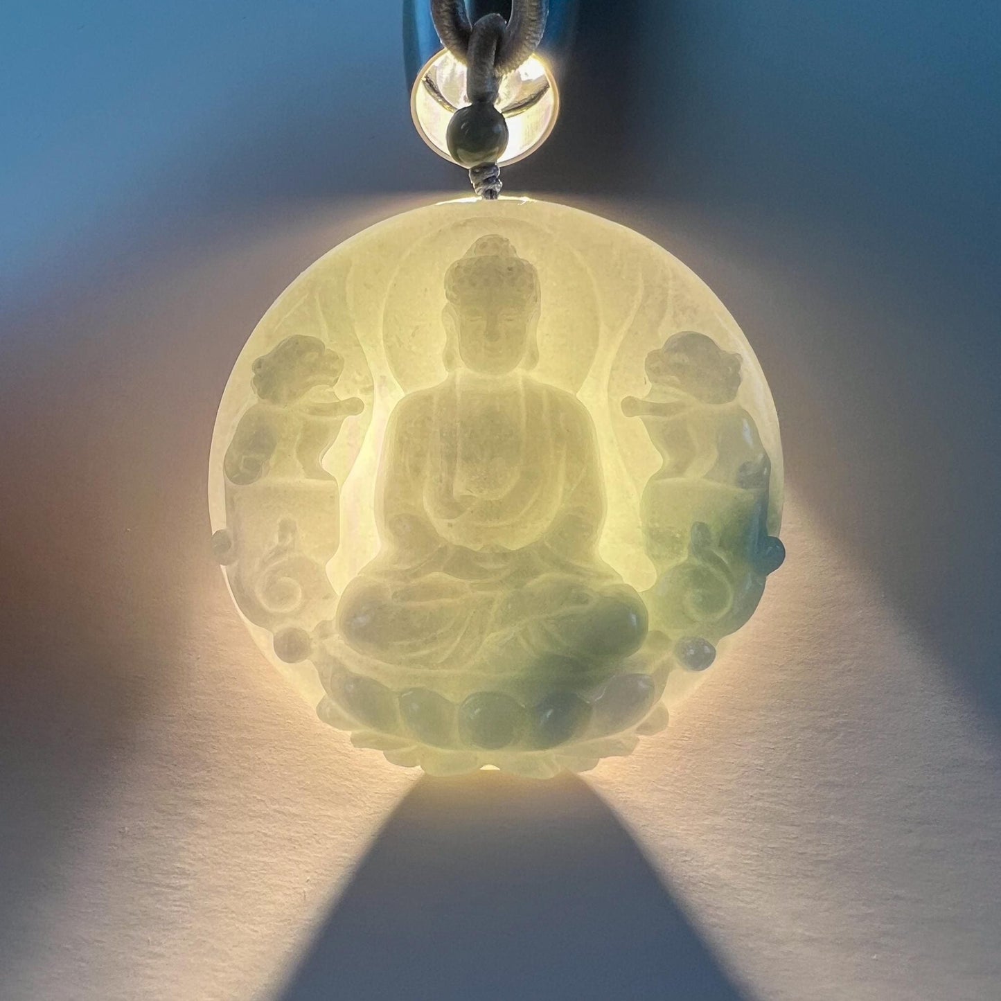 Large Vairocana Buddha with Guardian Lions Jade, Da Ri Ru Lai, Đại Nhật Như Lai, 大日如来, Hand Carved Jadeite Jade Pendant, YGR-1123-1749936757