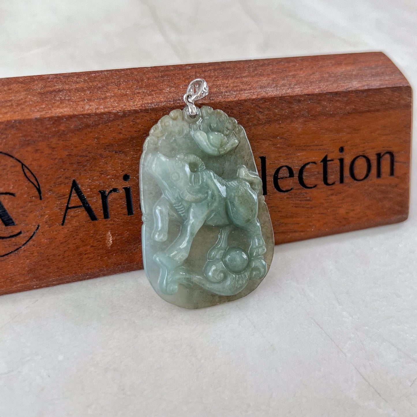 Fortune Luck Ox Jade Pendant with Sterling Silver Bail, Jadeite Jade Ox Bull Cow Chinese Zodiac Carved Necklace, NVN-0424-1749440017