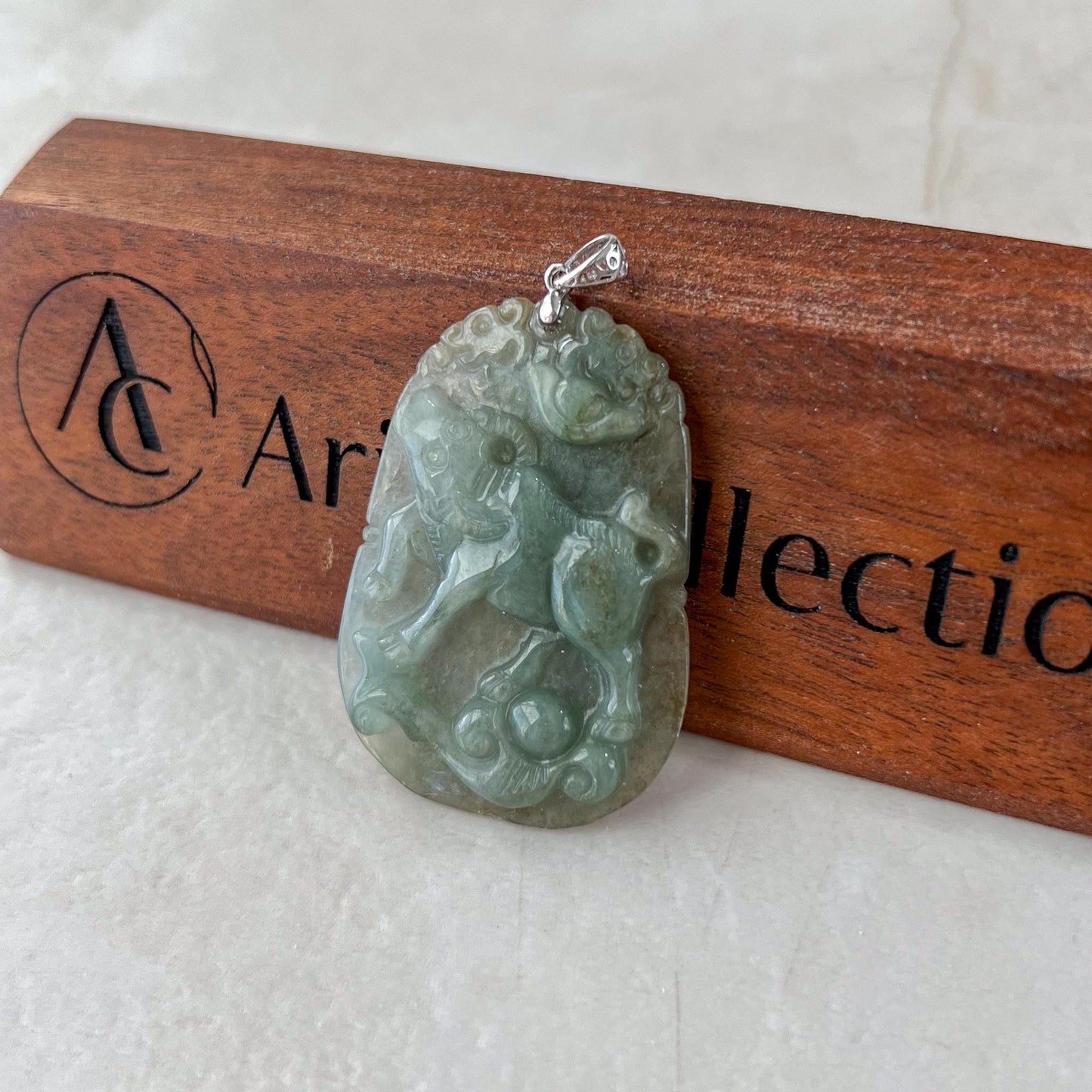 Fortune Luck Ox Jade Pendant with Sterling Silver Bail, Jadeite Jade Ox Bull Cow Chinese Zodiac Carved Necklace, NVN-0424-1749440017