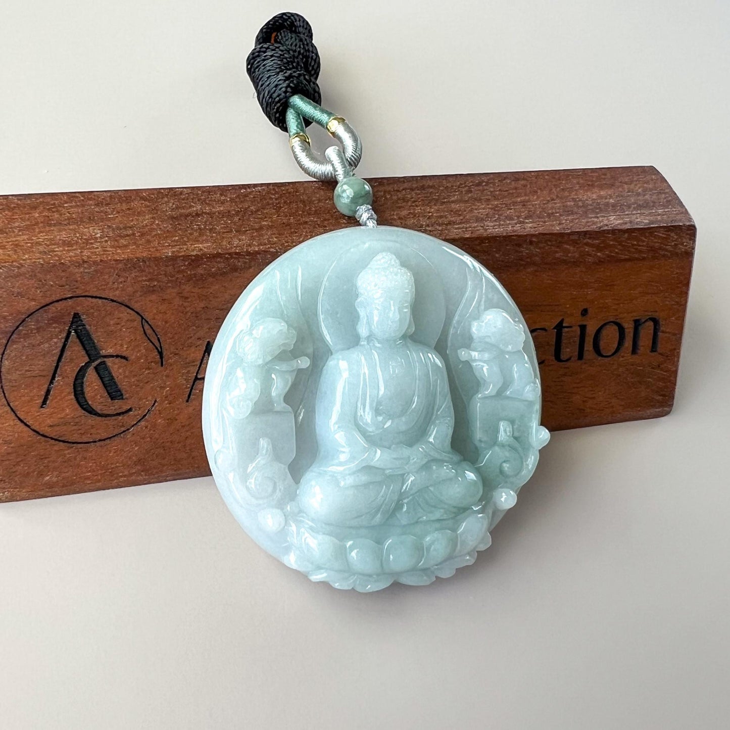Large Vairocana Buddha with Guardian Lions Jade, Da Ri Ru Lai, Đại Nhật Như Lai, 大日如来, Hand Carved Jadeite Jade Pendant, YGR-1123-1749936757