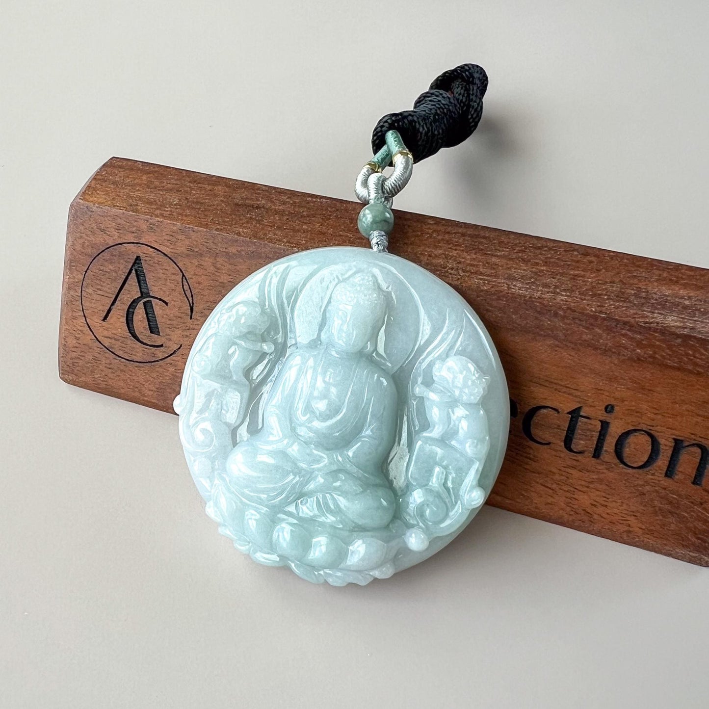 Large Vairocana Buddha with Guardian Lions Jade, Da Ri Ru Lai, Đại Nhật Như Lai, 大日如来, Hand Carved Jadeite Jade Pendant, YGR-1123-1749936757