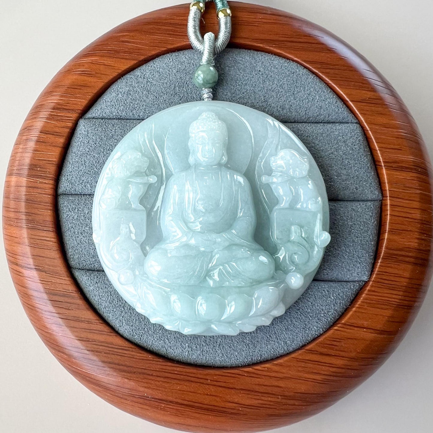 Large Vairocana Buddha with Guardian Lions Jade, Da Ri Ru Lai, Đại Nhật Như Lai, 大日如来, Hand Carved Jadeite Jade Pendant, YGR-1123-1749936757
