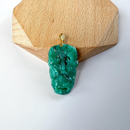 Green Dragon Head Jade Pendant, Jadeite Jade Hand Carved Pendant with 18K Solid Gold Bail, JC-0624-1751661789