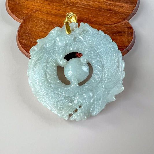 Twin Dragons Circle Jade Pendant, Light Green Gray Jadeite Jade Pendant with 18K Gold, WMC-0724-1751692651
