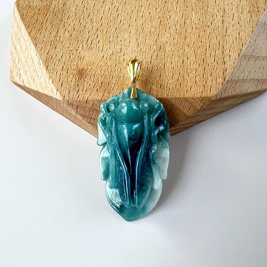 Green Jadeite Jade Cicada on Leaf, 18K Gold Bail, Hand Carved Pendant, IN-0424-1751604613