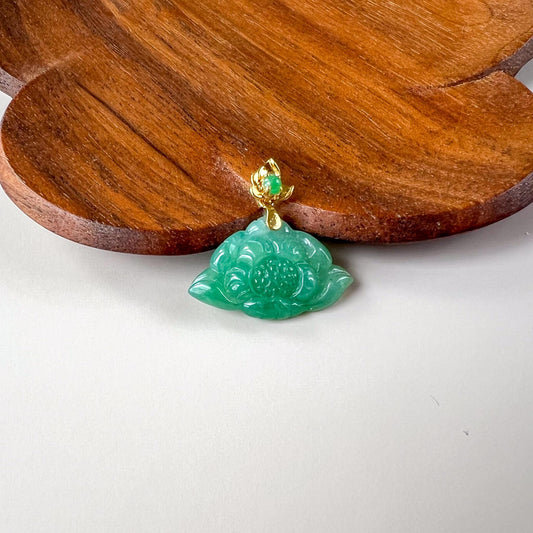 Mini Green Jade Lotus with 18K Solid Gold, Jadeite Jade Pendant, YCF-1124-1751604334