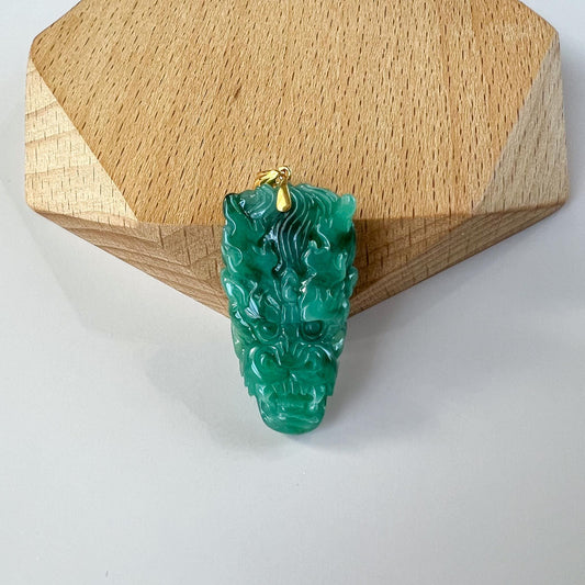 Green Dragon Head Jade Pendant, Jadeite Jade Hand Carved Pendant with 18K Solid Gold Bail, JC-0624-1751661790