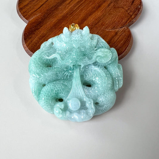 Dragon Drawing Water Jade Pendant, Dragon Jadeite Jade with 18K Solid Gold Pendant, Dual Sided Carved Pendant, YGR-0524-1753205547