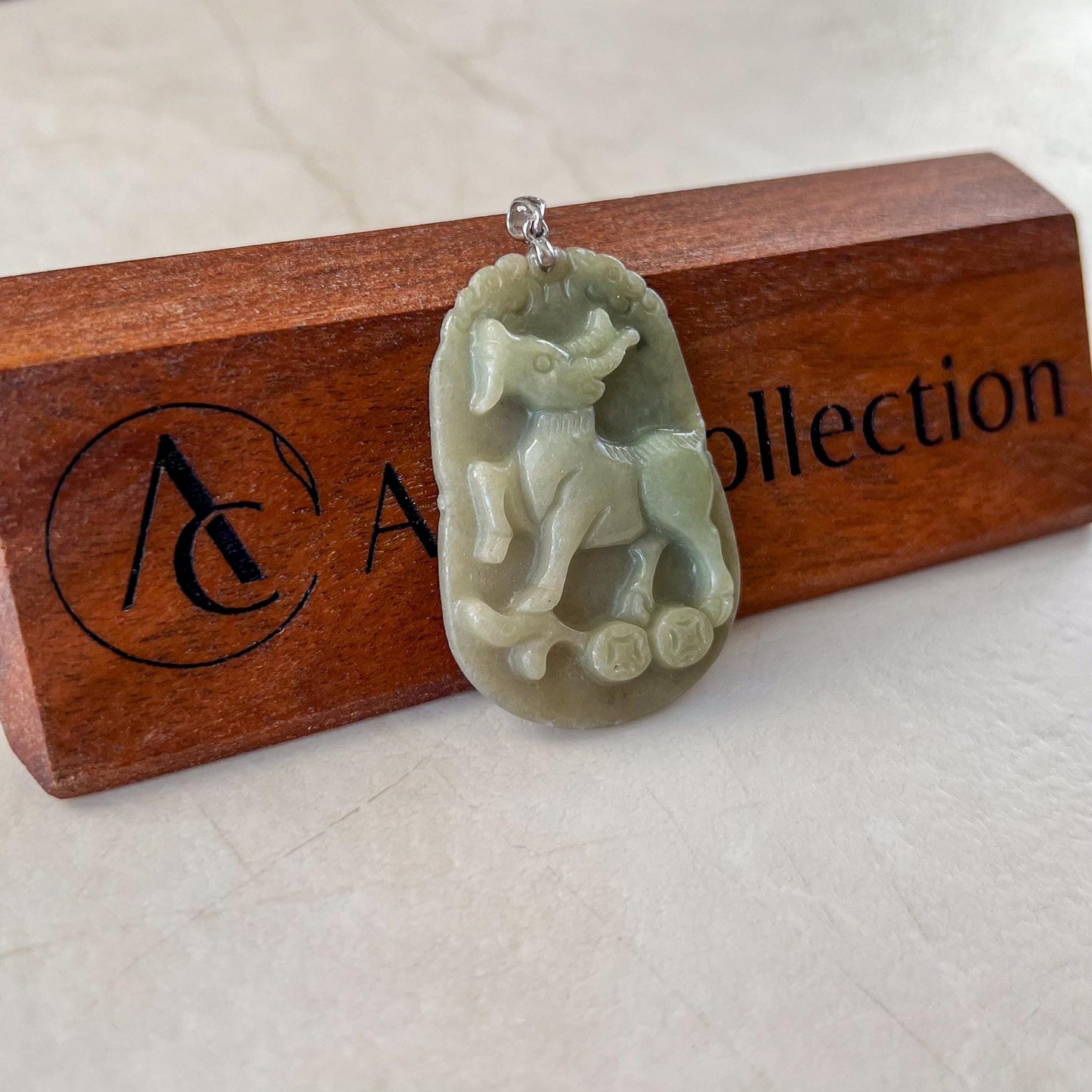Sheep Zodiac Jade Pendant with Sterling Silver Bail, Jadeite Jade Sheep Goat Chinese Zodiac Carved Pendant, NVN-0424-1757040968