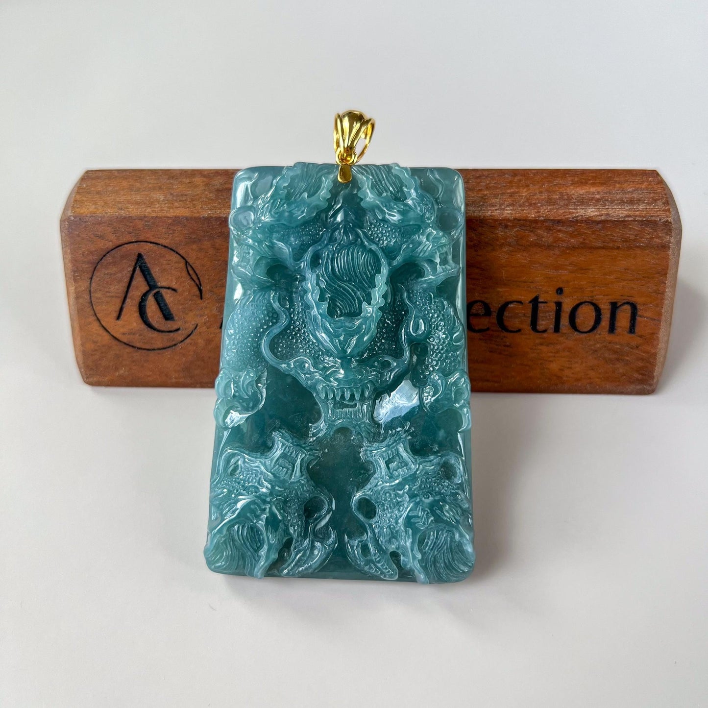 Imperial Nine Dragons Jade Pendant, Jadeite Jade with 18K Solid Gold Pendant, Dual Sided Carved Pendant, ZZY-0724-1757134507