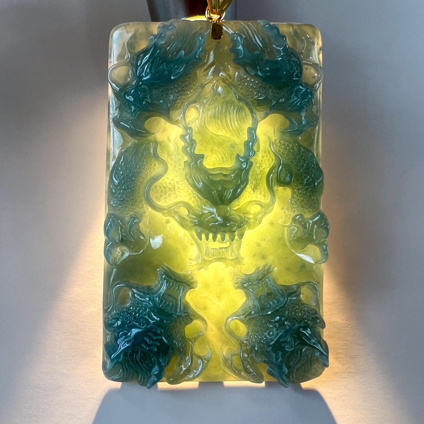 Imperial Nine Dragons Jade Pendant, Jadeite Jade with 18K Solid Gold Pendant, Dual Sided Carved Pendant, ZZY-0724-1757134507