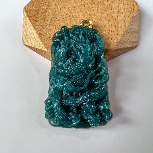 Dragon Sovereign Jade Pendant, Jadeite Jade Dragon Hand Carved Pendant with 18K Gold, CXJ-0624-1757218676