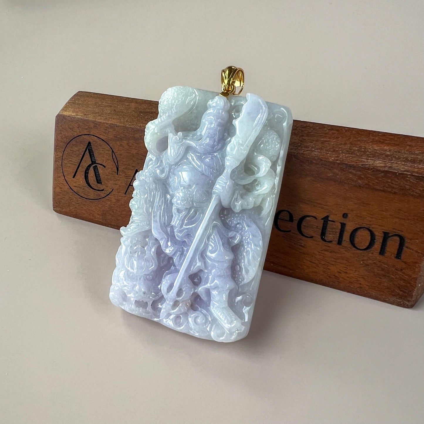 Valiant Guan Gong God of War and Dragon Pendant with 18K Gold, Lavender Purple Jadeite Jade Hand Carved Pendant, 关公, WMC-0724-1729097518