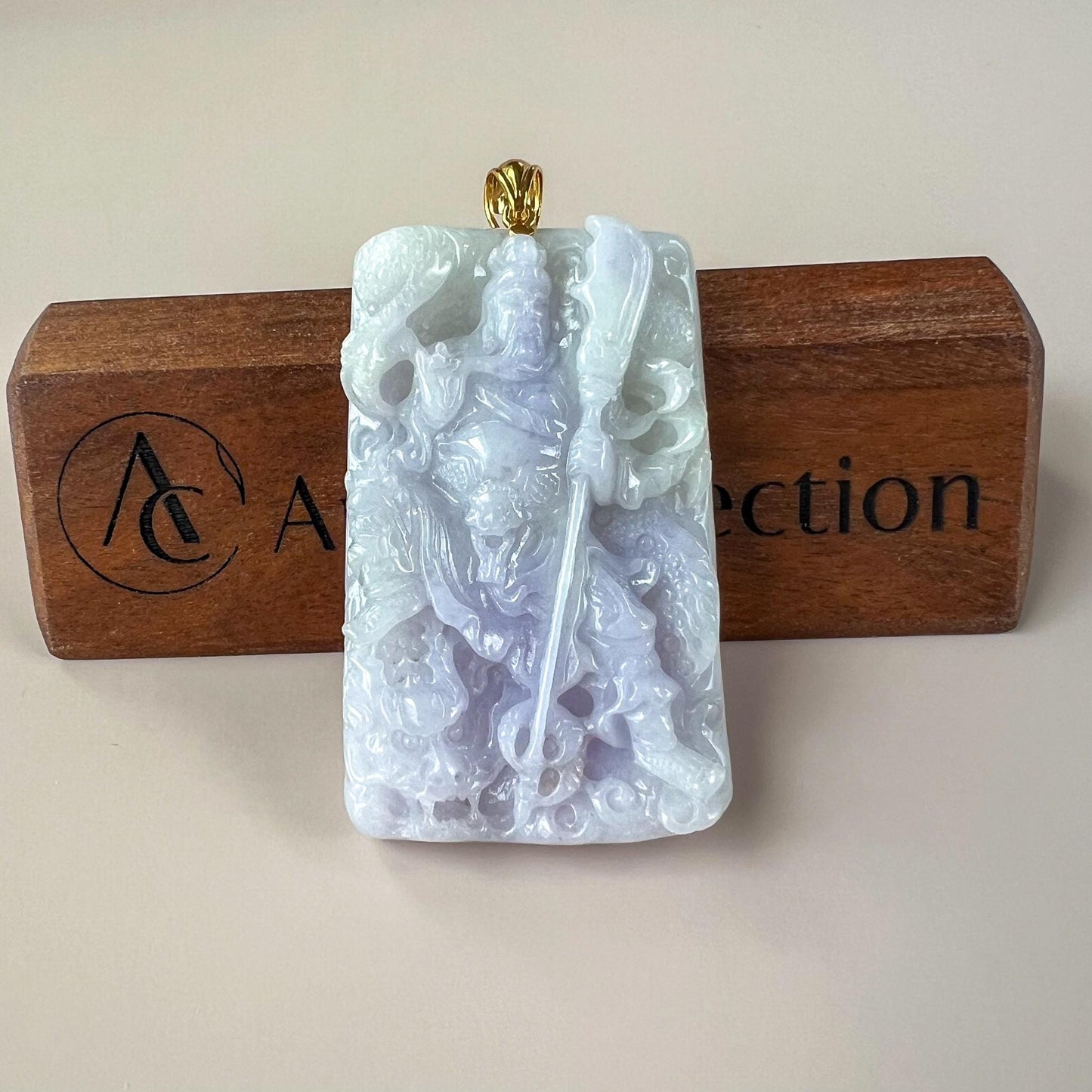 Valiant Guan Gong God of War and Dragon Pendant with 18K Gold, Lavender Purple Jadeite Jade Hand Carved Pendant, 关公, WMC-0724-1729097518