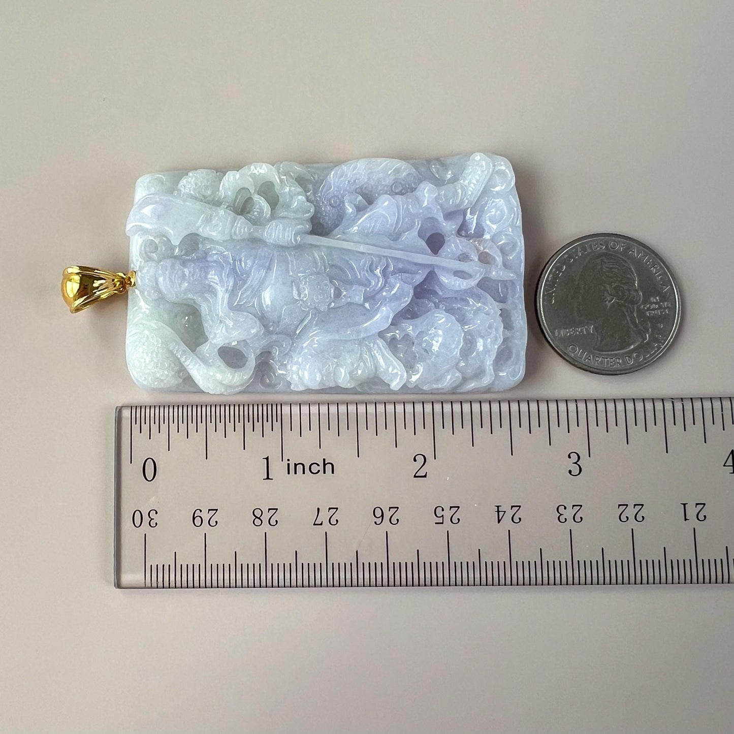 Valiant Guan Gong God of War and Dragon Pendant with 18K Gold, Lavender Purple Jadeite Jade Hand Carved Pendant, 关公, WMC-0724-1729097518