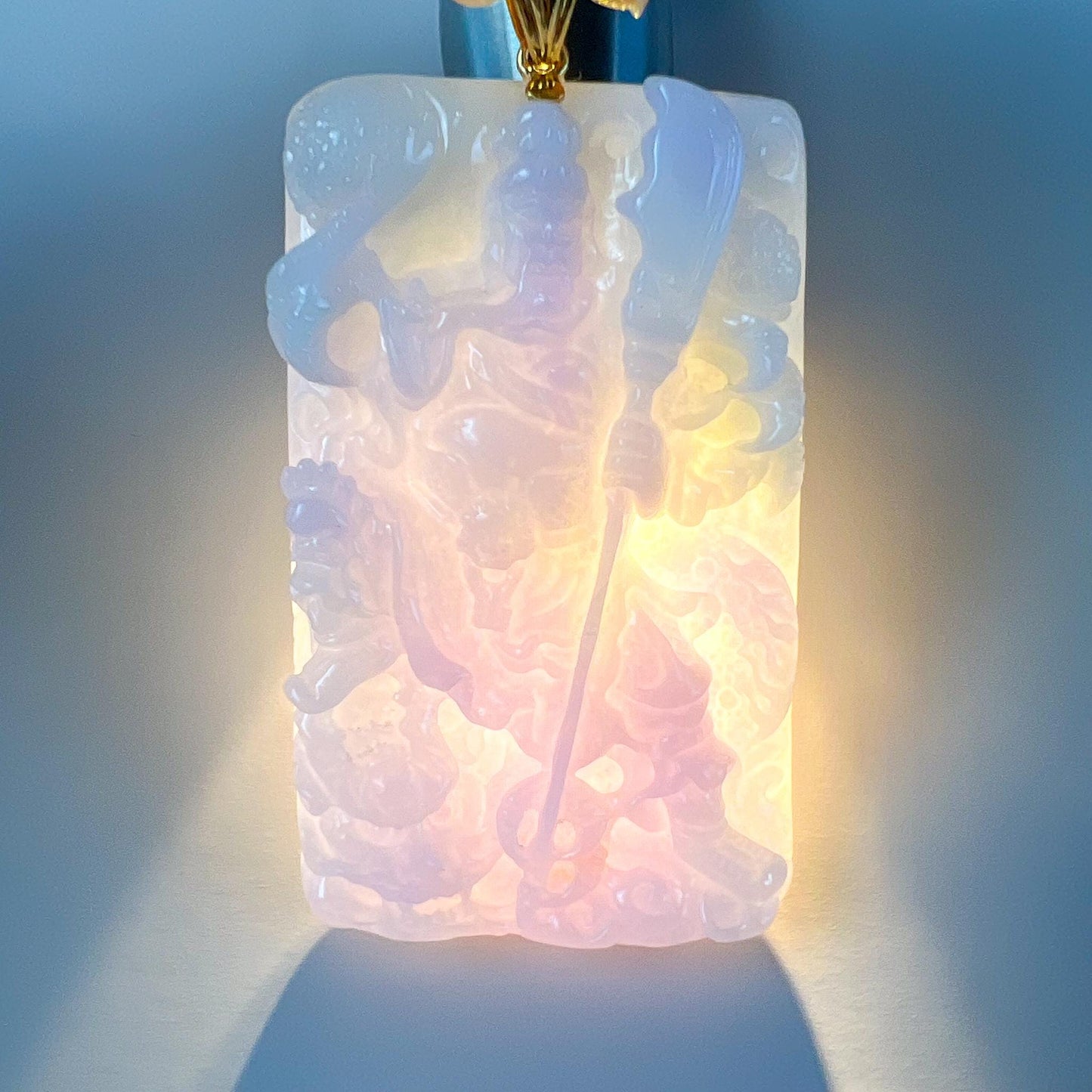 Valiant Guan Gong God of War and Dragon Pendant with 18K Gold, Lavender Purple Jadeite Jade Hand Carved Pendant, 关公, WMC-0724-1729097518