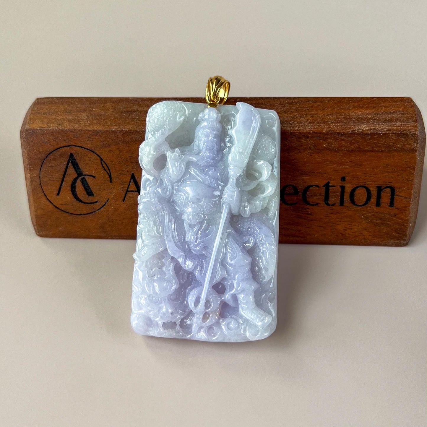 Valiant Guan Gong God of War and Dragon Pendant with 18K Gold, Lavender Purple Jadeite Jade Hand Carved Pendant, 关公, WMC-0724-1729097518