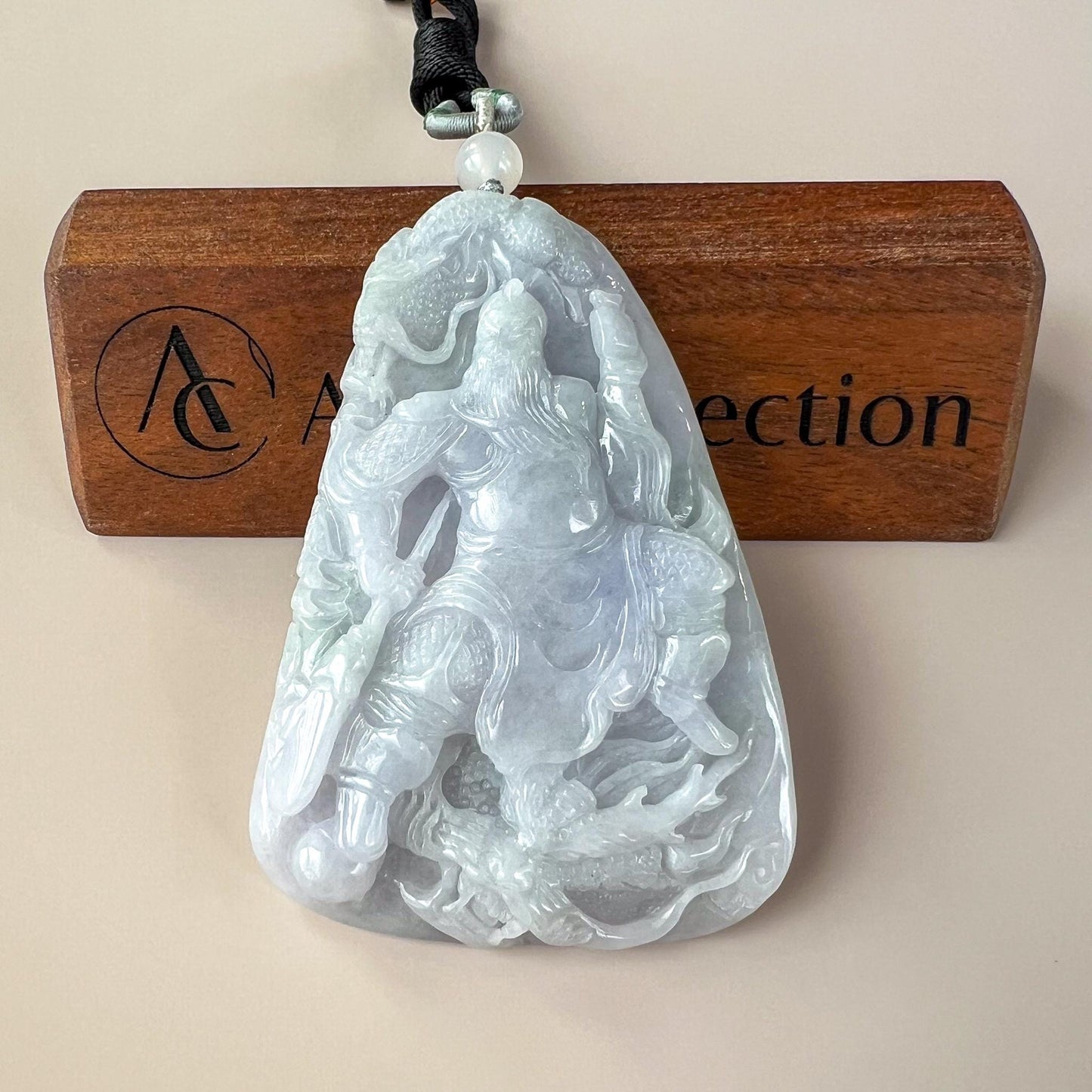Very Large Guan Gong God of War and Dragon Pendant, Lavender Purple Jadeite Jade Hand Carved Pendant, 关公, BH-0824-1757714198