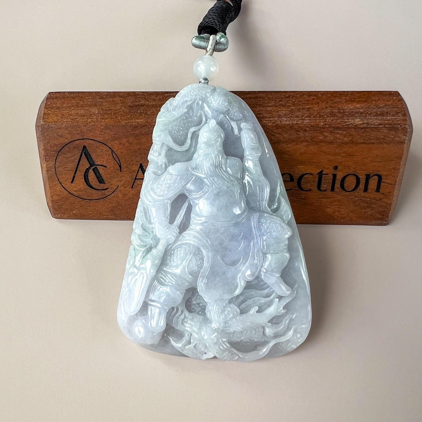 Very Large Guan Gong God of War and Dragon Pendant, Lavender Purple Jadeite Jade Hand Carved Pendant, 关公, BH-0824-1757714198