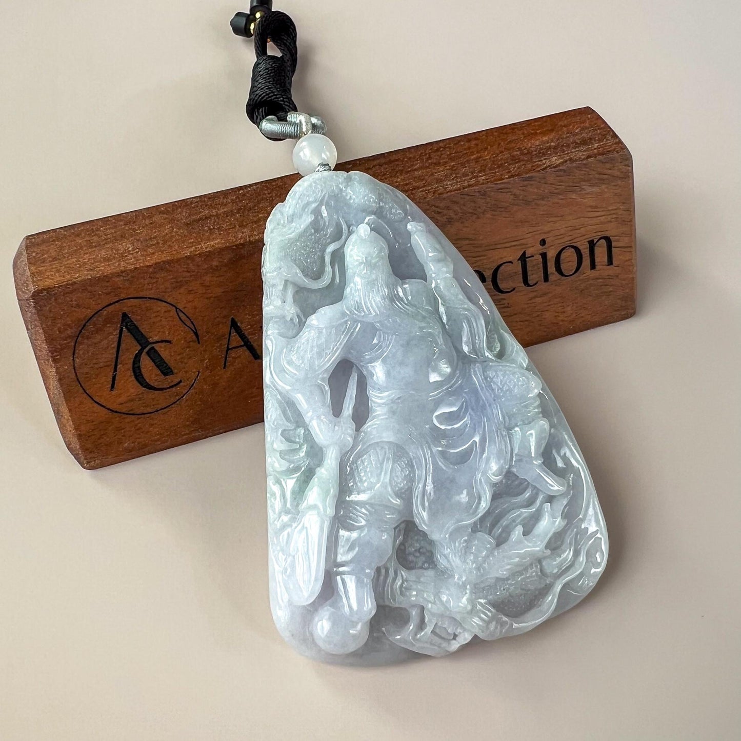 Very Large Guan Gong God of War and Dragon Pendant, Lavender Purple Jadeite Jade Hand Carved Pendant, 关公, BH-0824-1757714198