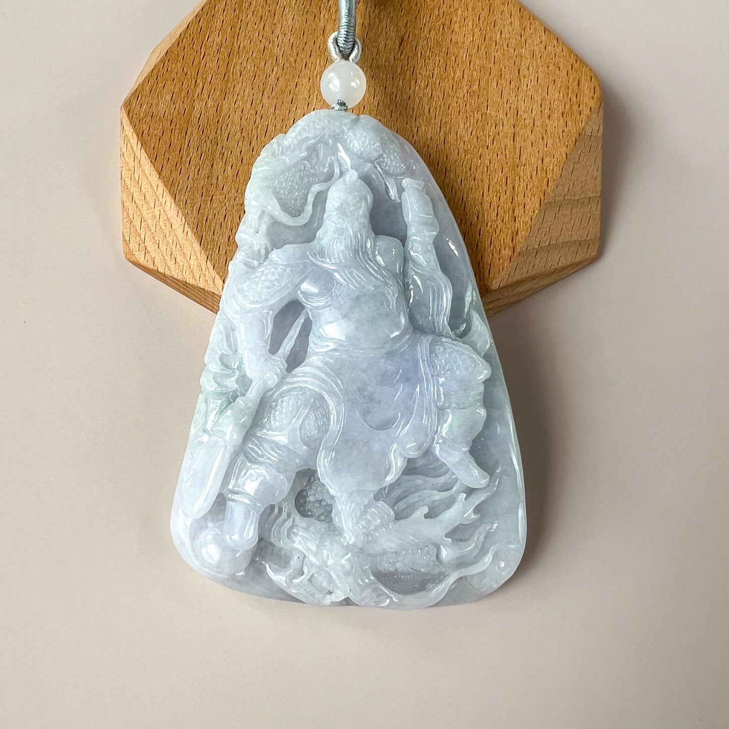 Very Large Guan Gong God of War and Dragon Pendant, Lavender Purple Jadeite Jade Hand Carved Pendant, 关公, BH-0824-1757714198
