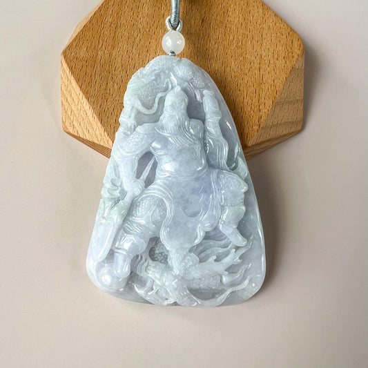 Very Large Guan Gong God of War and Dragon Pendant, Lavender Purple Jadeite Jade Hand Carved Pendant, 关公, BH-0824-1757714198