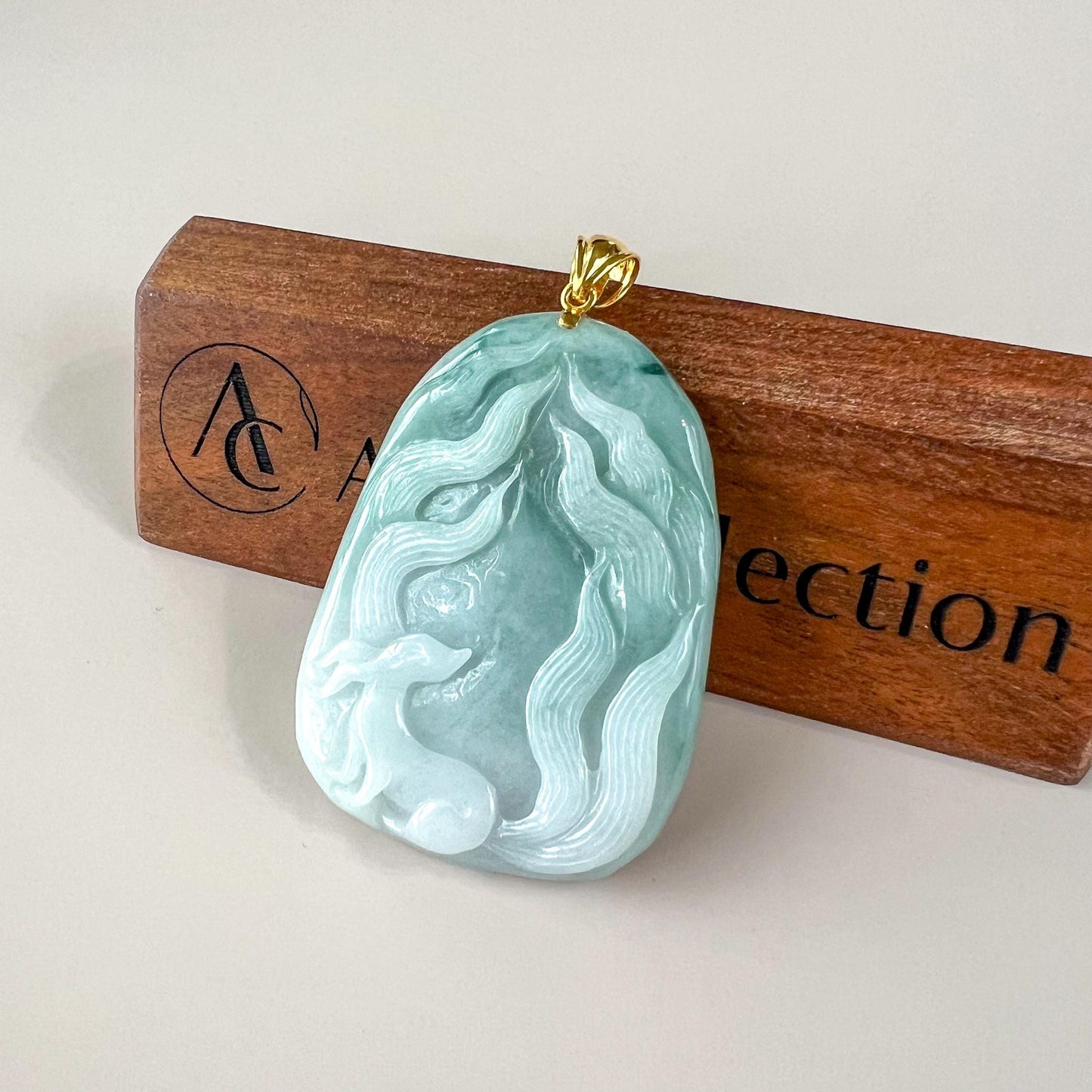Celestial Nine 9 Tail Fox Jade Pendant with 18K Gold, Light Green Jadeite Jade Hand Carved Pendant, TC-0624-0007457