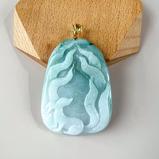 Celestial Nine 9 Tail Fox Jade Pendant with 18K Gold, Light Green Jadeite Jade Hand Carved Pendant, TC-0624-0007457