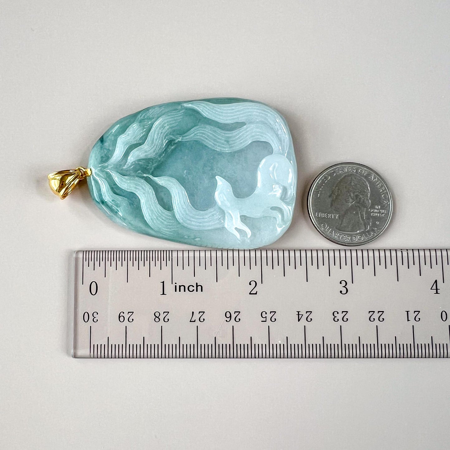 Celestial Nine 9 Tail Fox Jade Pendant with 18K Gold, Light Green Jadeite Jade Hand Carved Pendant, TC-0624-0007457