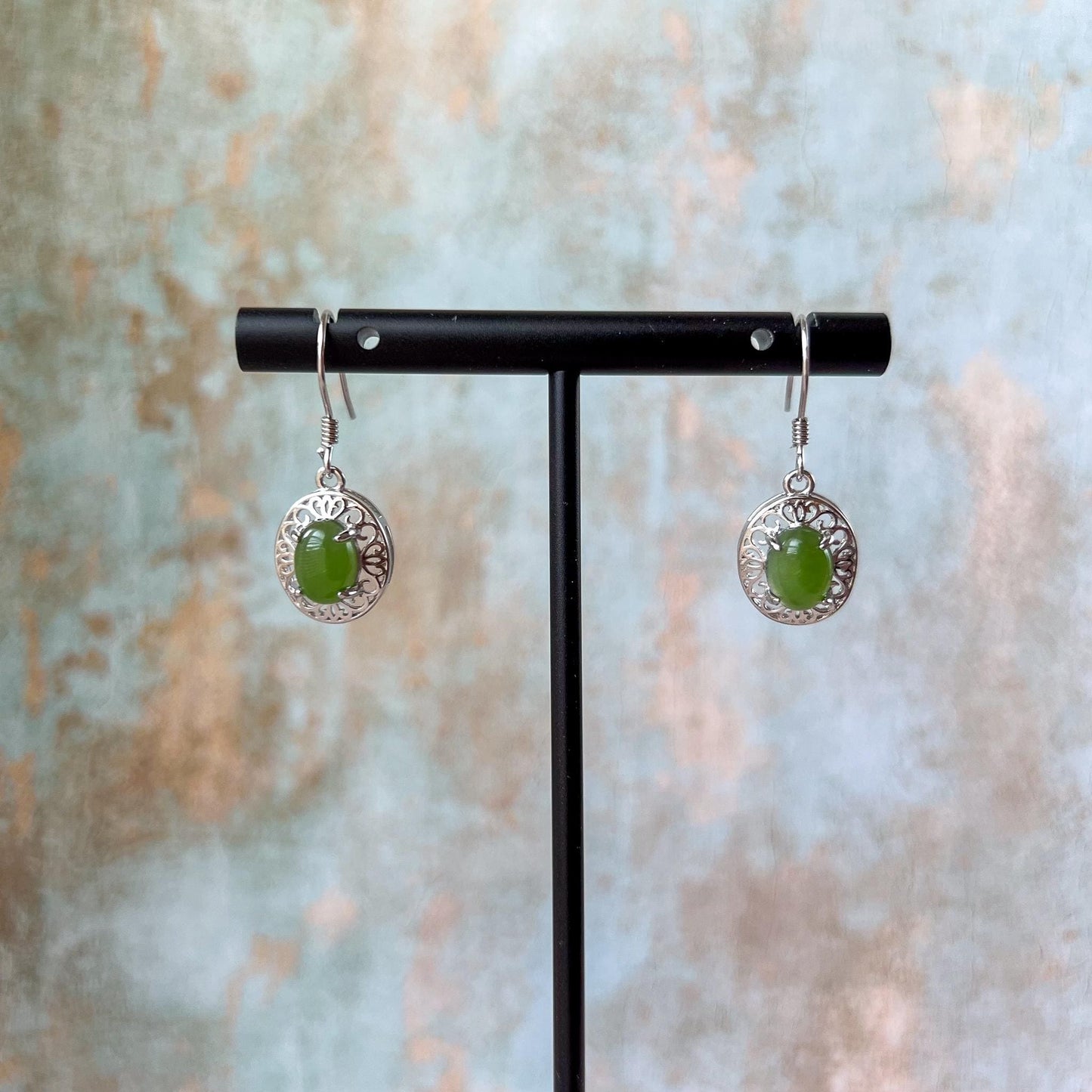 Jade Heirloom Earrings, Green Nephrite Jade Sterling Silver Earrings, JSY-0424-12057