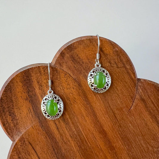 Jade Heirloom Earrings, Green Nephrite Jade Sterling Silver Earrings, JSY-0424-12057