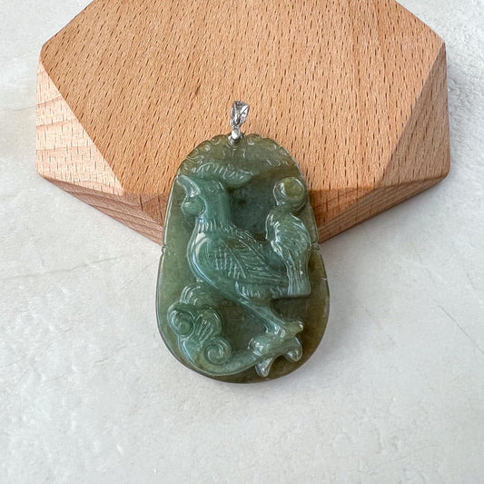 Lucky Rooster Jade Pendant with Sterling Silver Bail, Chinese Zodiac Rooster Jadeite Jade Pendant, NVN-0424-1757007425