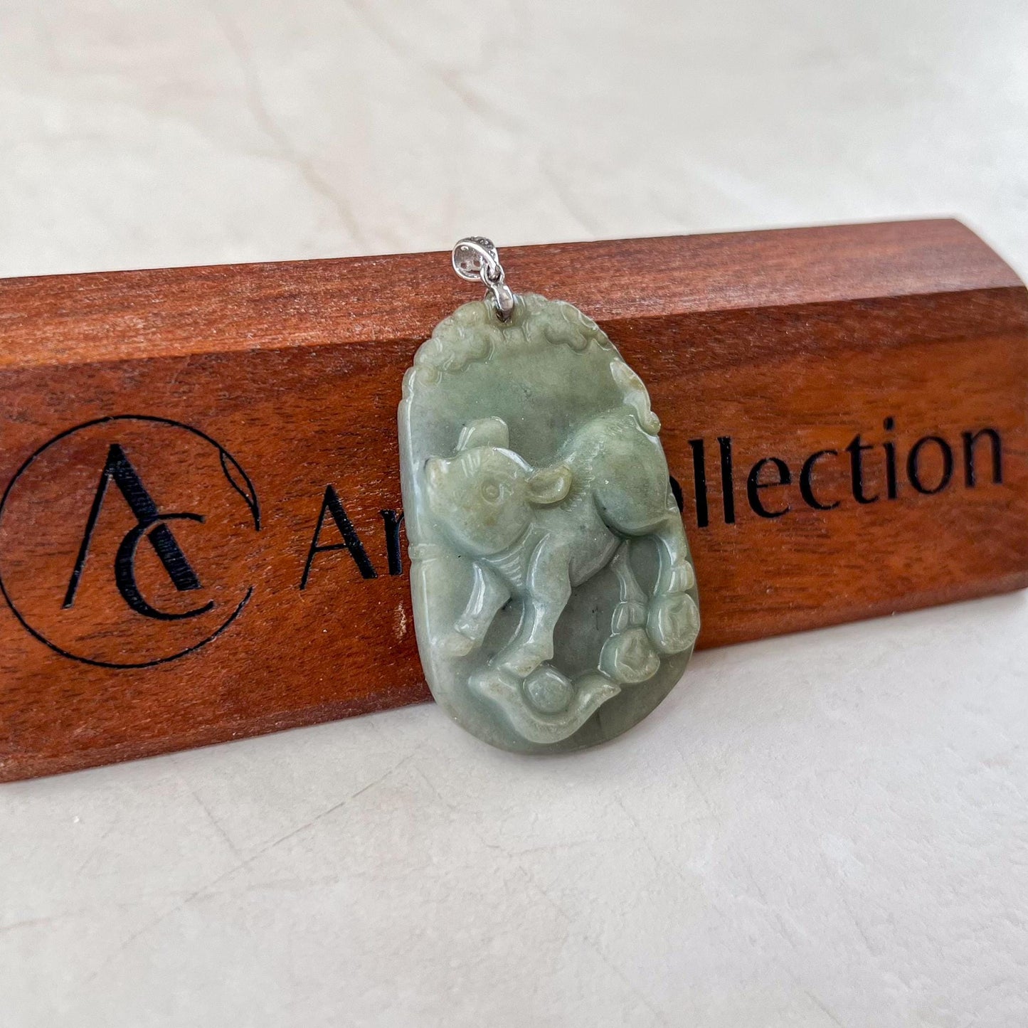 Prosperity Pig Jade Pendant with Sterling Silver Bail, Jadeite Jade Pendant, Chinese Zodiac Pig Boar Carved Pendant, NVN-0424-1757008968