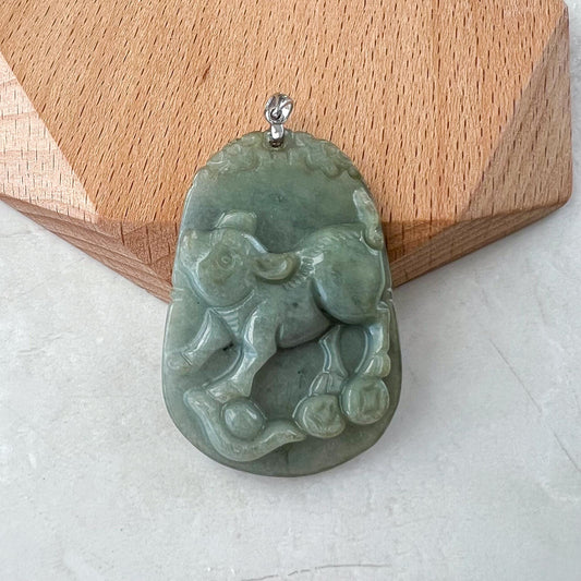 Prosperity Pig Jade Pendant with Sterling Silver Bail, Jadeite Jade Pendant, Chinese Zodiac Pig Boar Carved Pendant, NVN-0424-1757008968