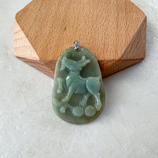 Sheep Zodiac Jade Pendant with Sterling Silver Bail, Jadeite Jade Sheep Goat Chinese Zodiac Carved Pendant, NVN-0424-1757040968
