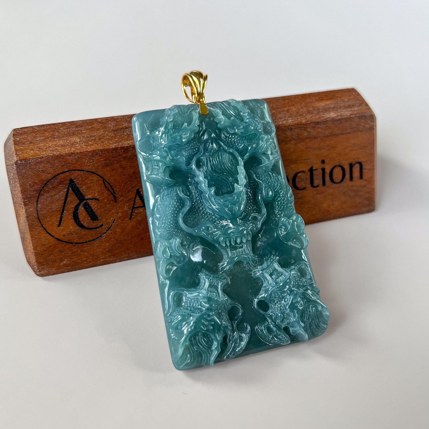 Imperial Nine Dragons Jade Pendant, Jadeite Jade with 18K Solid Gold Pendant, Dual Sided Carved Pendant, ZZY-0724-1757134507