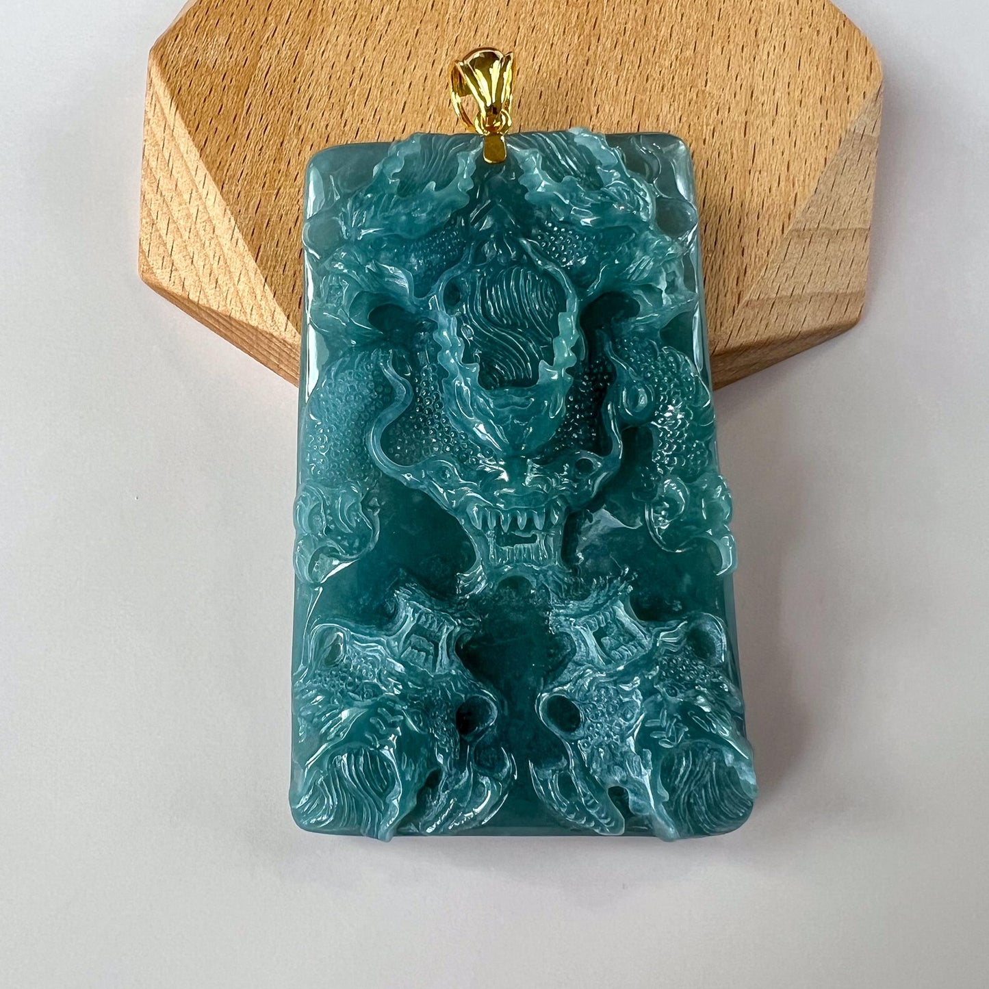 Imperial Nine Dragons Jade Pendant, Jadeite Jade with 18K Solid Gold Pendant, Dual Sided Carved Pendant, ZZY-0724-1757134507