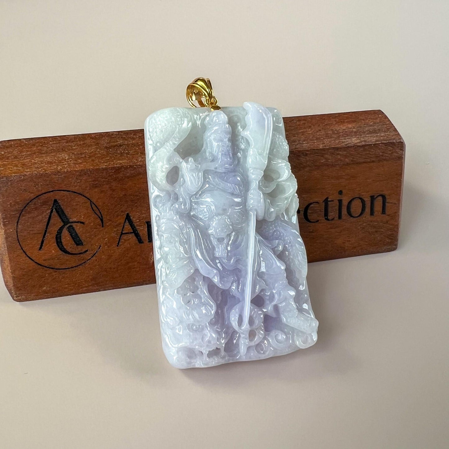 Valiant Guan Gong God of War and Dragon Pendant with 18K Gold, Lavender Purple Jadeite Jade Hand Carved Pendant, 关公, WMC-0724-1729097518