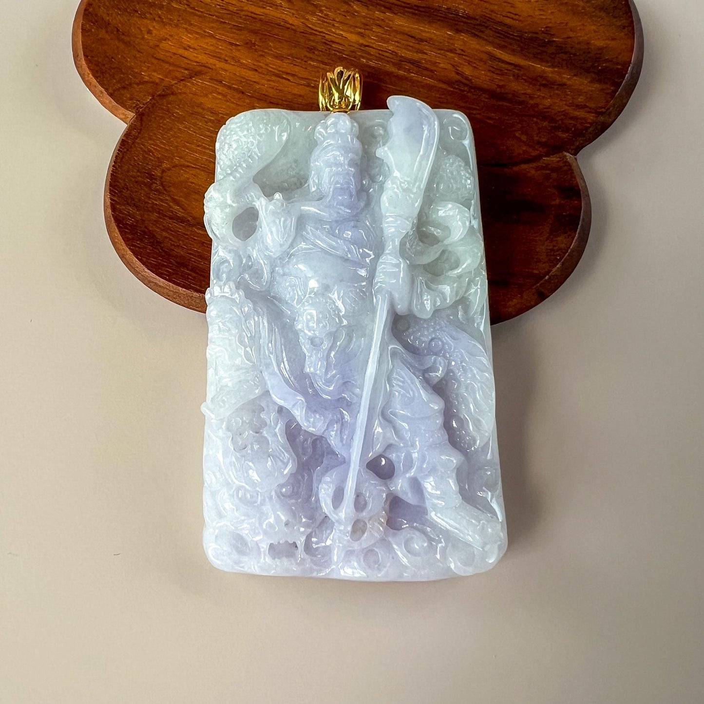 Valiant Guan Gong God of War and Dragon Pendant with 18K Gold, Lavender Purple Jadeite Jade Hand Carved Pendant, 关公, WMC-0724-1729097518