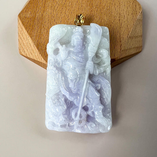 Valiant Guan Gong God of War and Dragon Pendant with 18K Gold, Lavender Purple Jadeite Jade Hand Carved Pendant, 关公, WMC-0724-1729097518